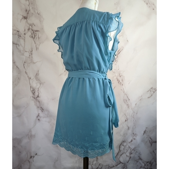 Lovers + Friends Mini Wrap Dress Blue Embroidered V-Neck Flutter Small - Picture 4 of 12